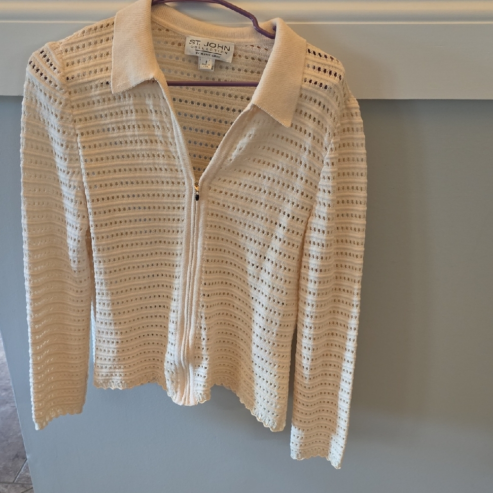 St. John Collection Cream Open-Knit Cardigan zip frint sz 6